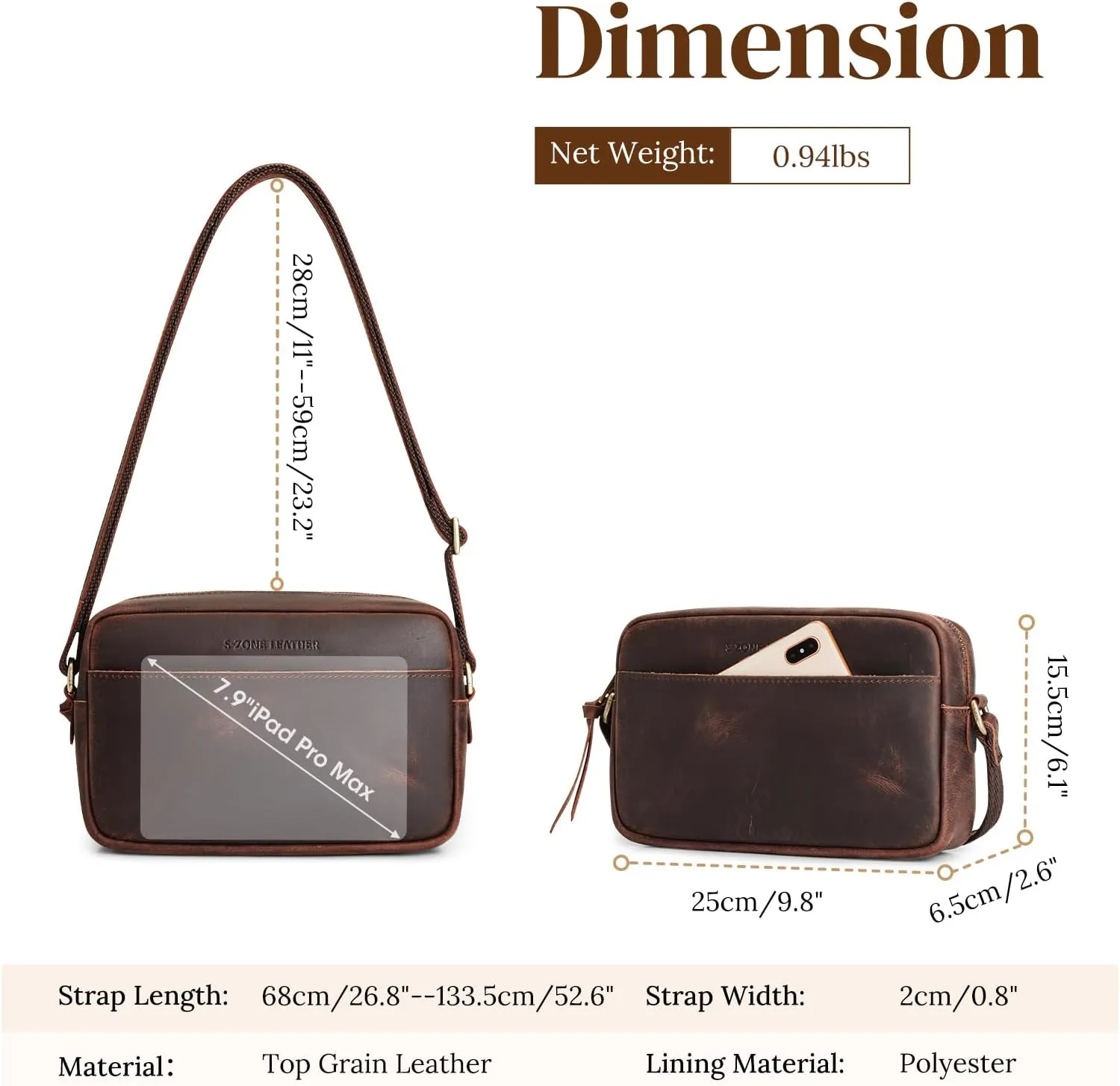 S-ZONE Crossbody Bags for Women Top Grain Leather Shoulder Handbags Camera Bag Purse Adjustable Strap Travel Daily Gift