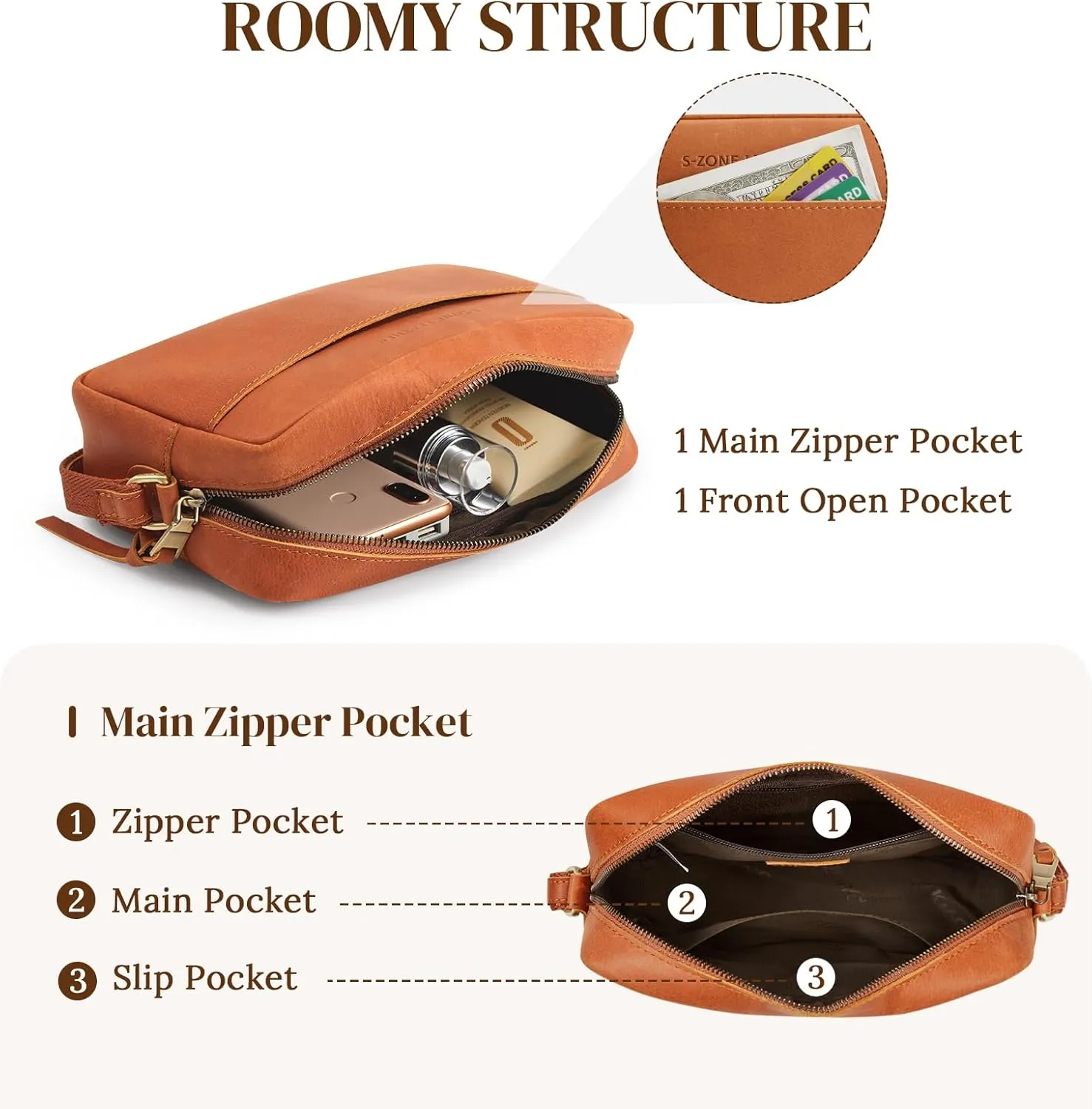 S-ZONE Crossbody Bags for Women Top Grain Leather Shoulder Handbags Camera Bag Purse Adjustable Strap Travel Daily Gift