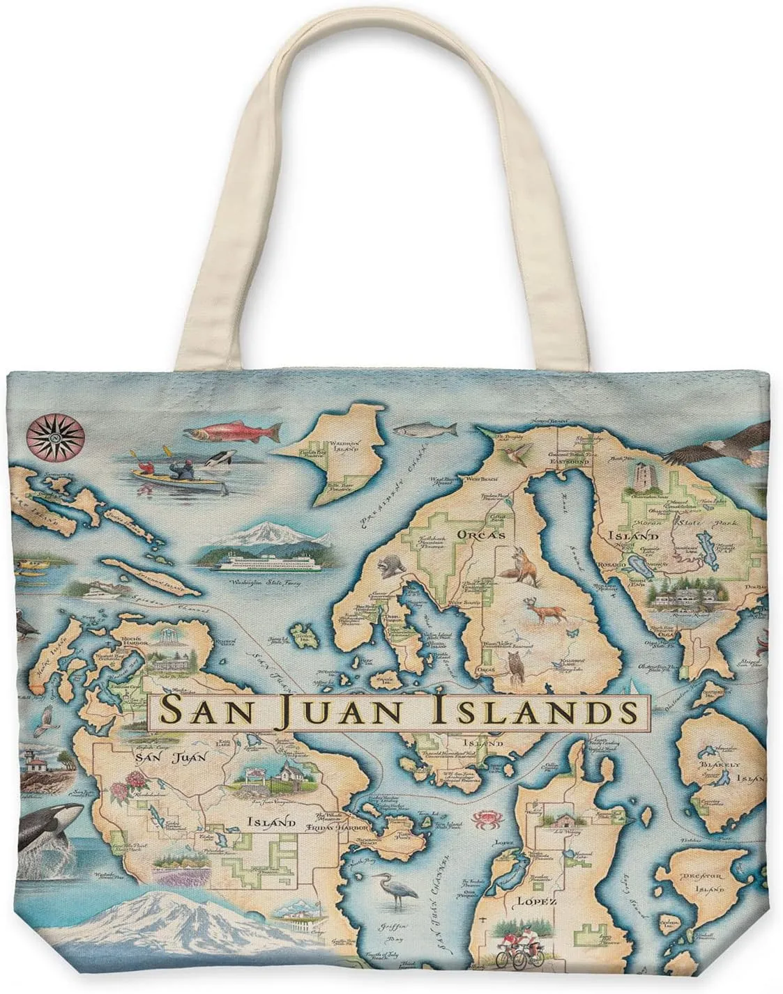 San Juan Island Map Canvas Tote Bag with Handles, Cloth Grocery Shopping Bag, Reusable & Eco-friendly Bag, 100% Cotton, Washable, 18 wide x 15 tall