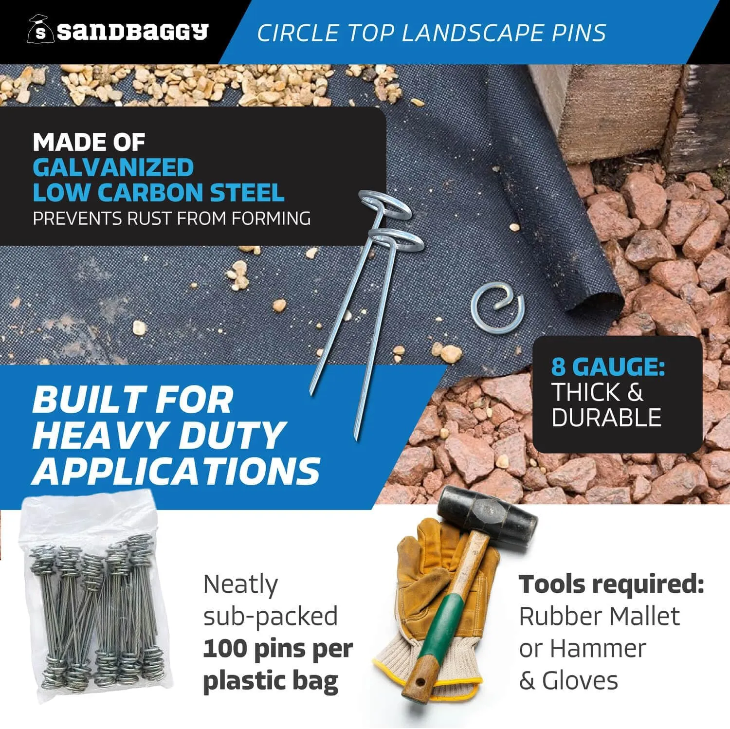 Sandbaggy 6-inch Circle Top Pins - Landscape Staples (Galvanized) - Garden Stakes for Landscaping, SOD - Heavy Duty Ground Stakes, Lawn Turf Spikes, Christmas Decorations, Weed Mats (100 Pins)