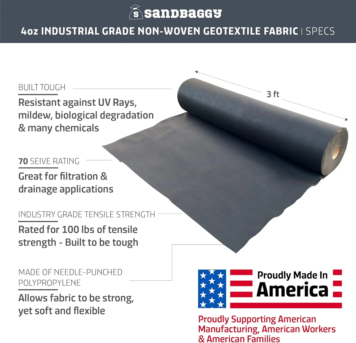 Sandbaggy Non Woven 8 oz Geotextile Landscape Fabric | Toughest on The Market | Weed Mat, Ground Cover, Garden Tarp, French Drains, Rip Rap, Retaining Walls (3 ft x 300 ft Roll)