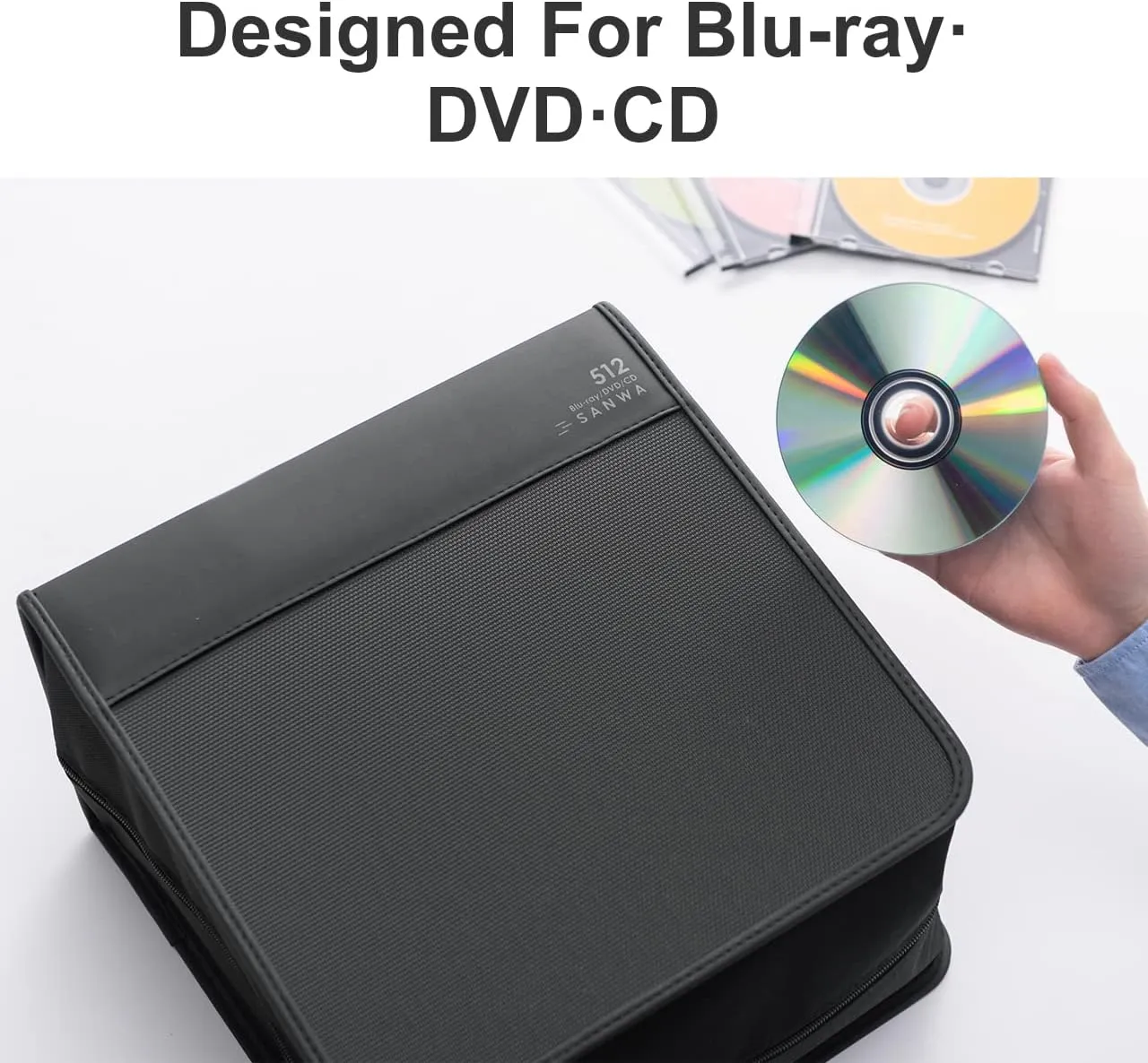 SANWA 512 Capacity CD Case, Blu Ray Case Holder, Movie Music Media Disc Wallet, Hardshell DVD VCD Binder Storage Box, Portable Zipper, EVA Protective Sleeve with Handle, for Car, Home, Office, Black