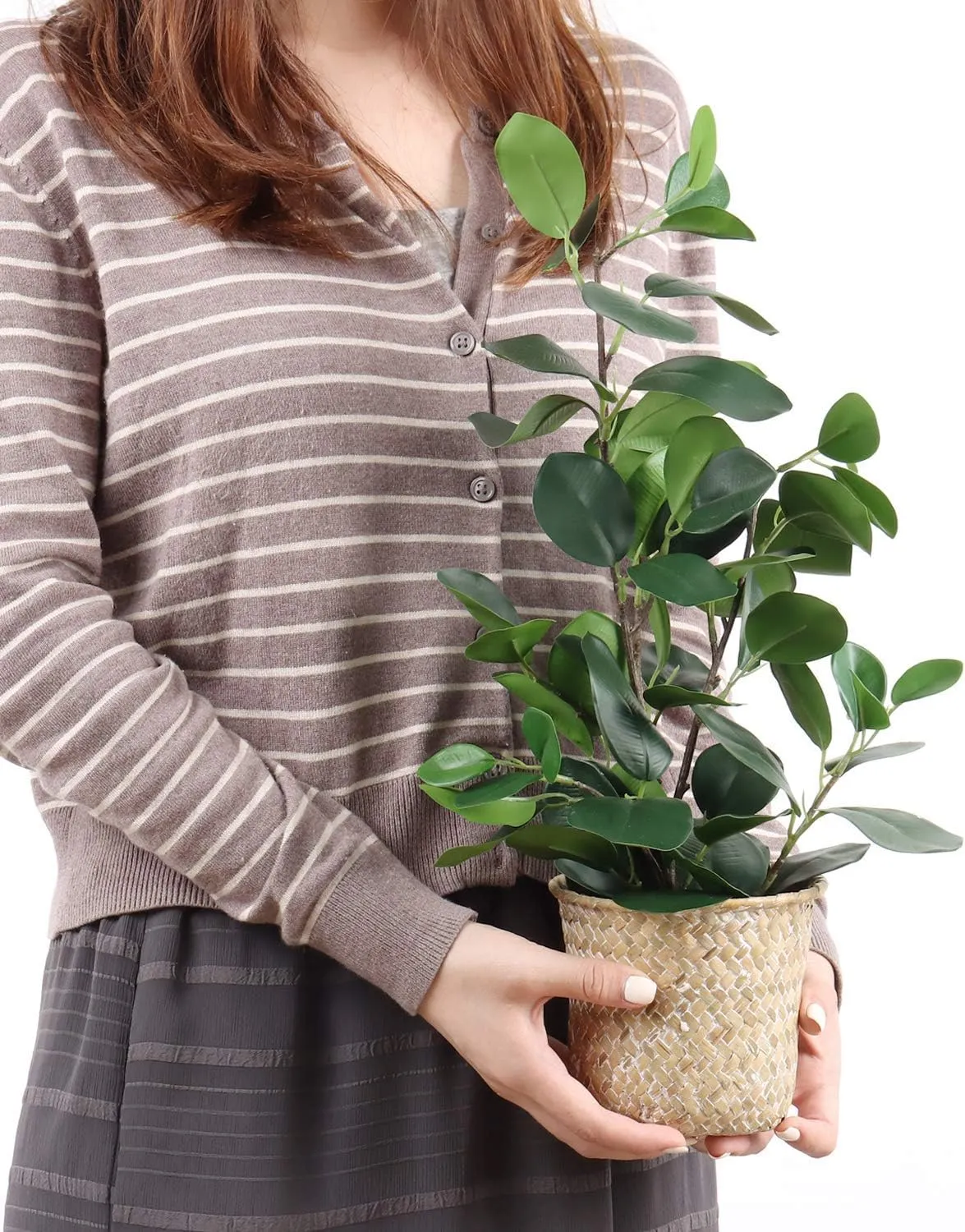 SAROSORA Artificial Ficus Tree Fake Plants in Weaved Pot 20" Height for Living Room Decor Indoor Home Office Ins Style (Green, 1)
