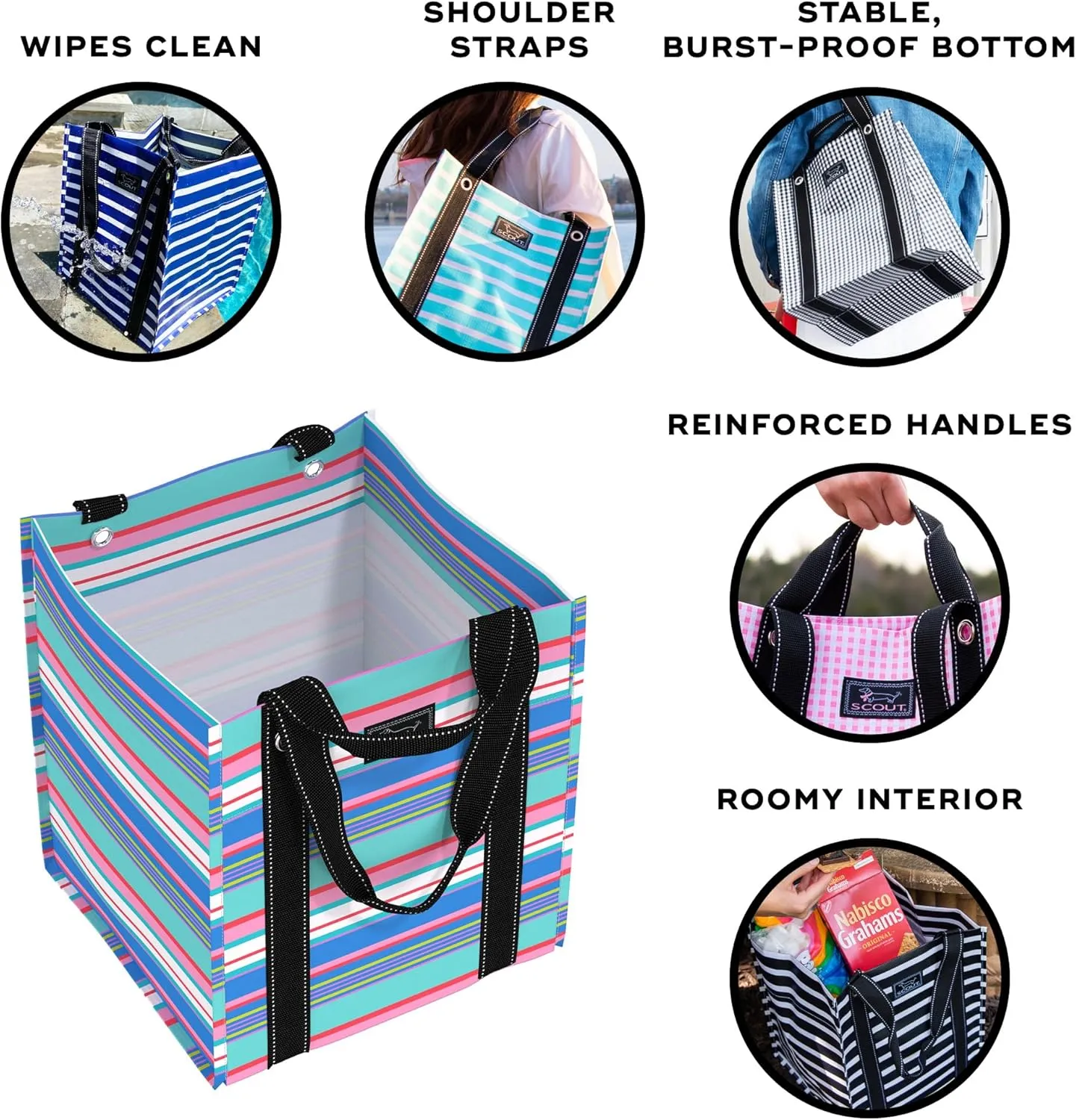 SCOUT Bagette Market Tote, Large Reusable Grocery Bag with Burst-Proof Bottom