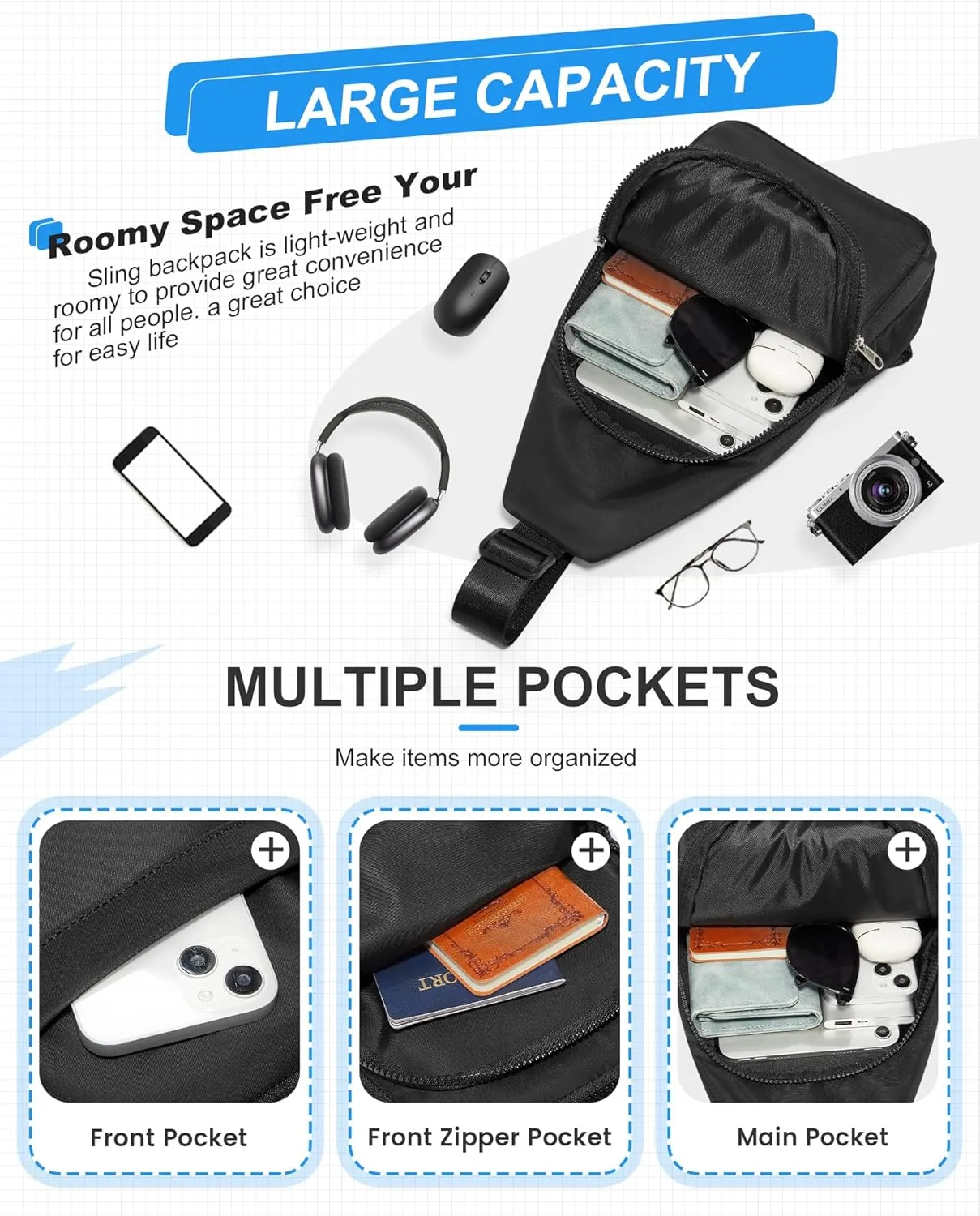 SEAFEW Large Black Sling Crossbody Bag for Men Women, Shoulder Daypack Anti-Theft Cross Body Motorcycle Chest Bags, One Strap Fanny Back Pack for Casual Travel Hiking Sport Gym
