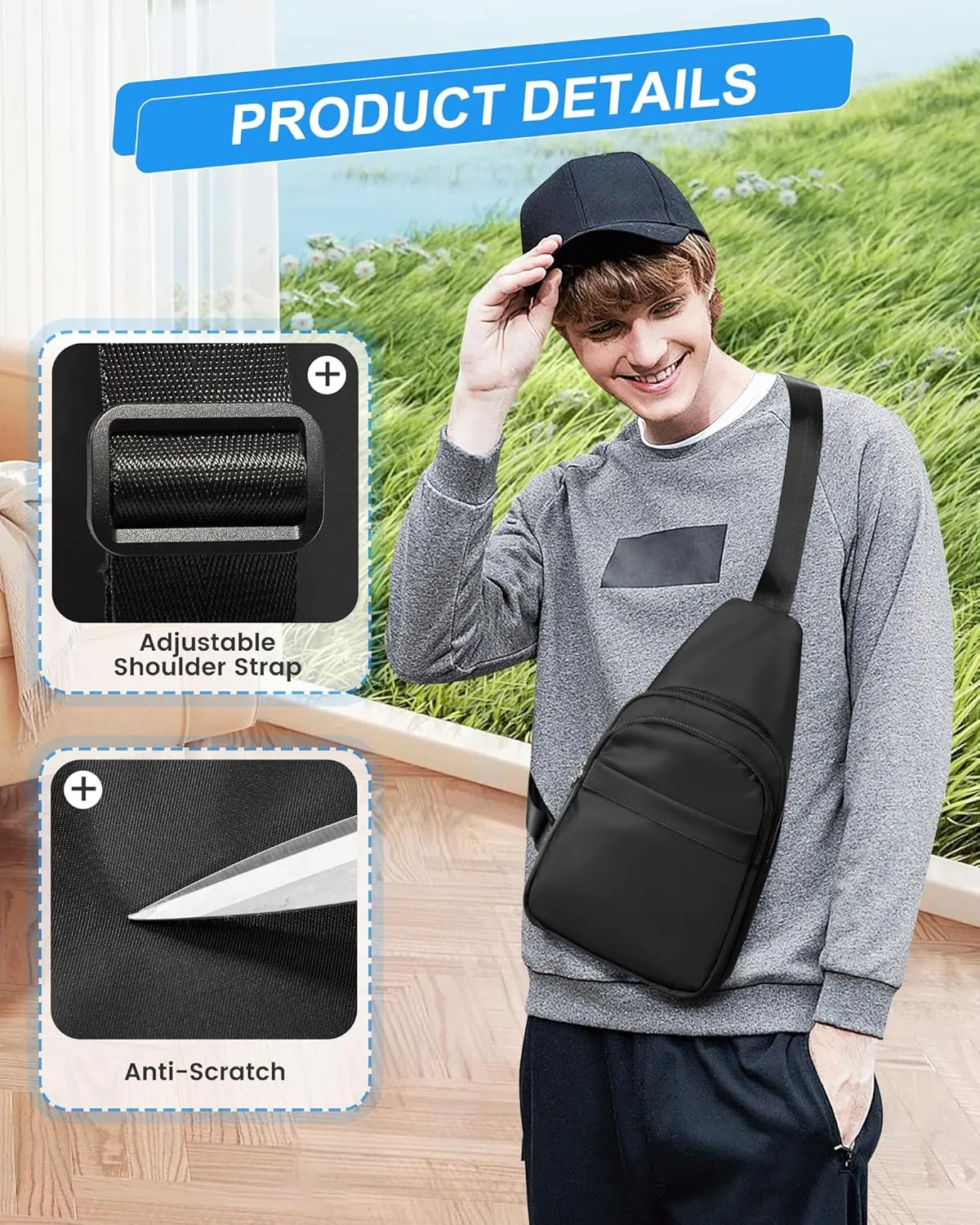 SEAFEW Large Black Sling Crossbody Bag for Men Women, Shoulder Daypack Anti-Theft Cross Body Motorcycle Chest Bags, One Strap Fanny Back Pack for Casual Travel Hiking Sport Gym
