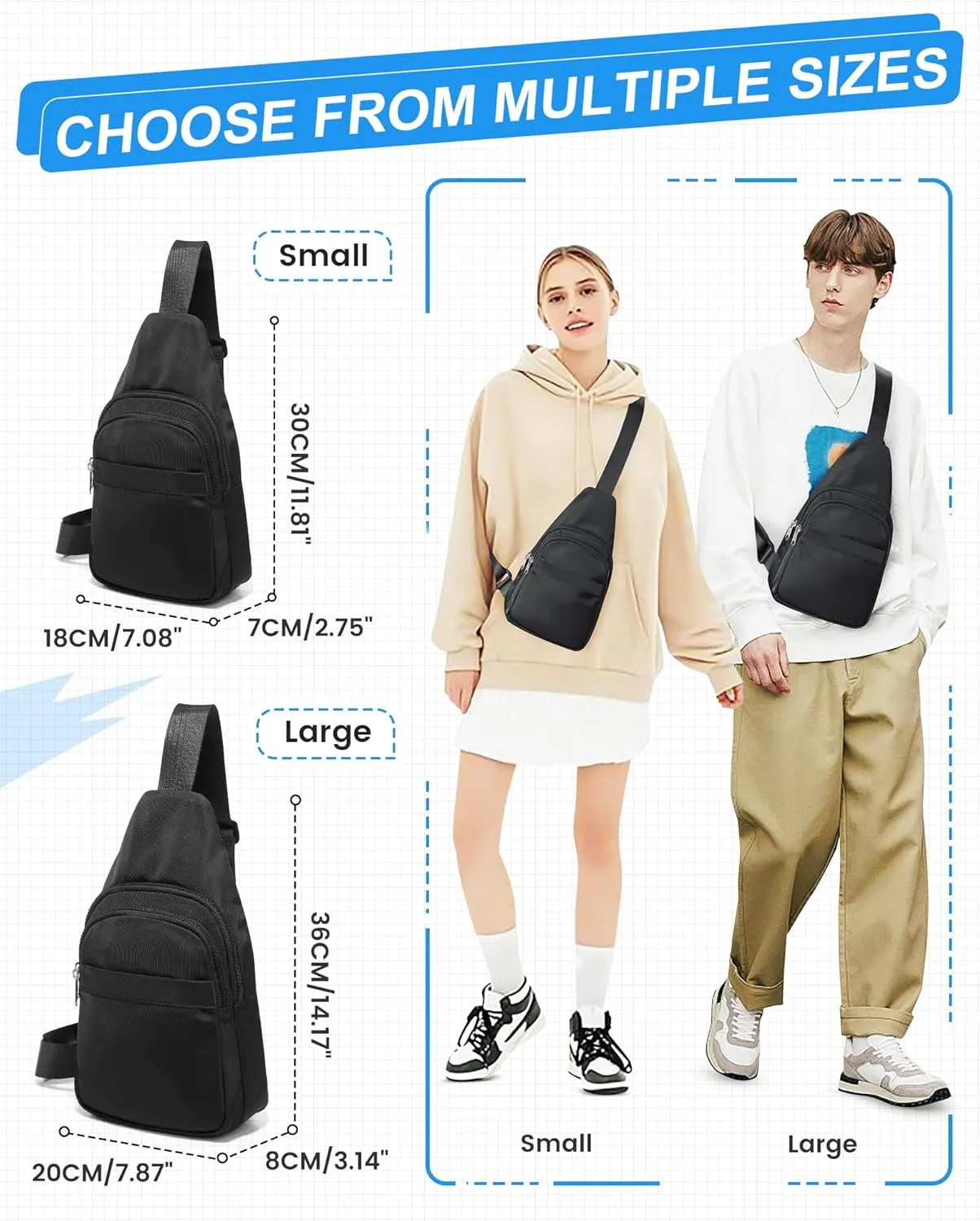 SEAFEW Large Black Sling Crossbody Bag for Men Women, Shoulder Daypack Anti-Theft Cross Body Motorcycle Chest Bags, One Strap Fanny Back Pack for Casual Travel Hiking Sport Gym