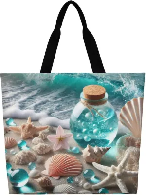 Seaside Beach Shells Starfis Tote Bag Beach Bag Reusable Shoulder Bag for Gym, Shopping, Travel
