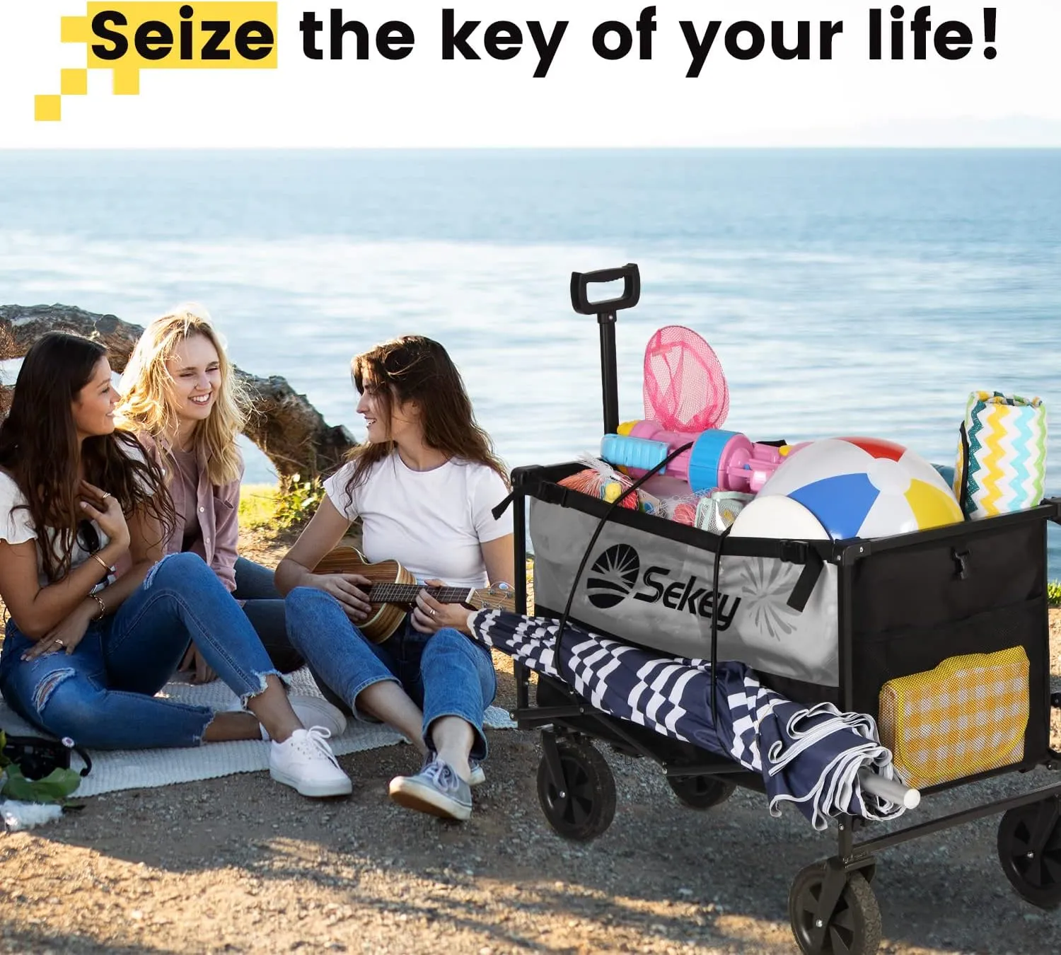 Sekey Collapsible Foldable Wagon with 330lbs Weight Capacity, Heavy Duty Folding Utility Garden Cart with Big All-Terrain Beach Wheels & Drink Holders. Black&Grey