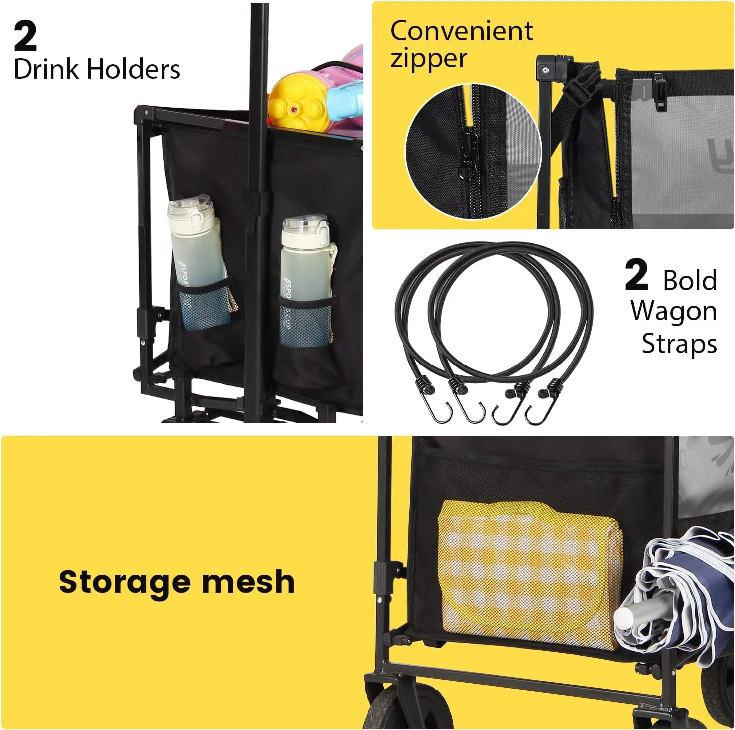 Sekey Collapsible Foldable Wagon with 330lbs Weight Capacity, Heavy Duty Folding Utility Garden Cart with Big All-Terrain Beach Wheels & Drink Holders. Black&Grey