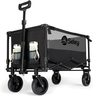 Sekey Collapsible Foldable Wagon with 330lbs Weight Capacity, Heavy Duty Folding Utility Garden Cart with Big All-Terrain Beach Wheels & Drink Holders. Black&Grey