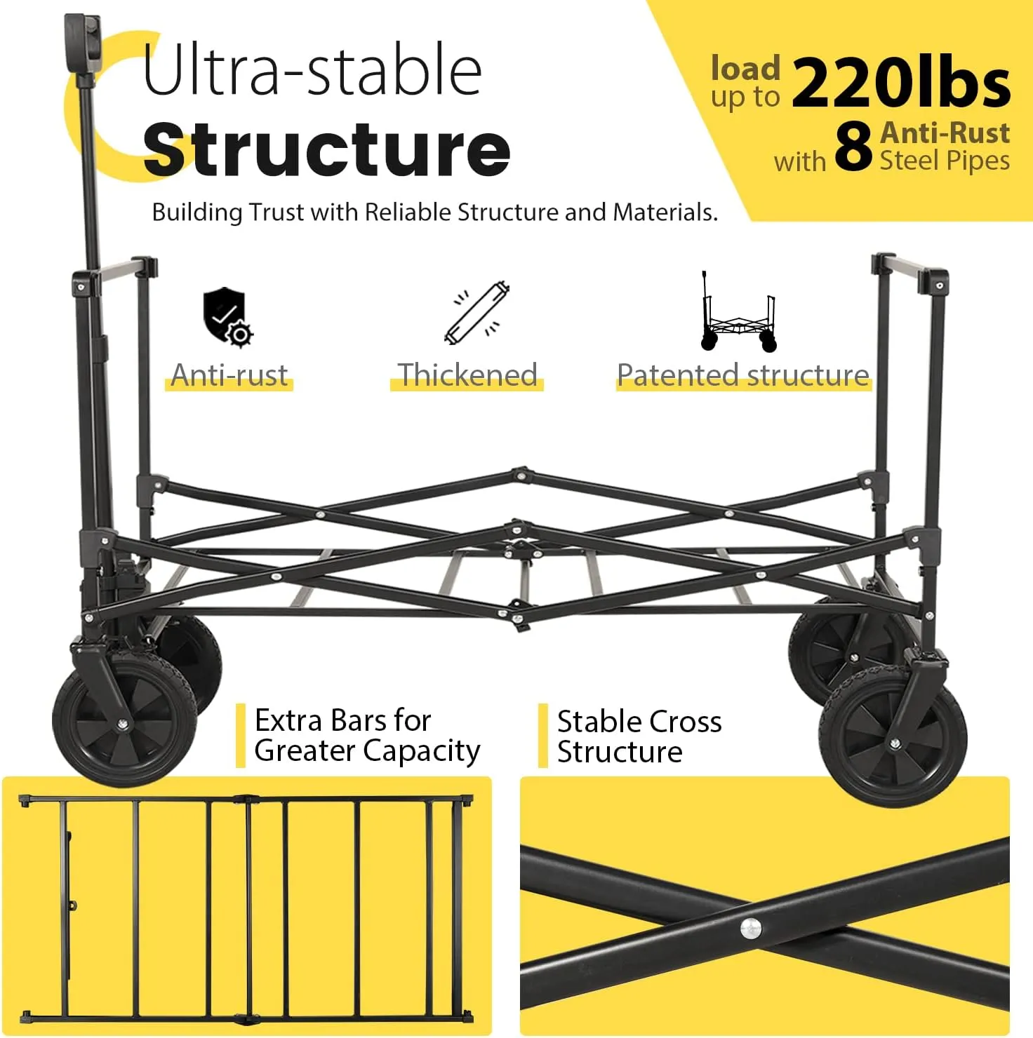 Sekey Collapsible Foldable Wagon with 330lbs Weight Capacity, Heavy Duty Folding Utility Garden Cart with Big All-Terrain Beach Wheels & Drink Holders. Black&Grey