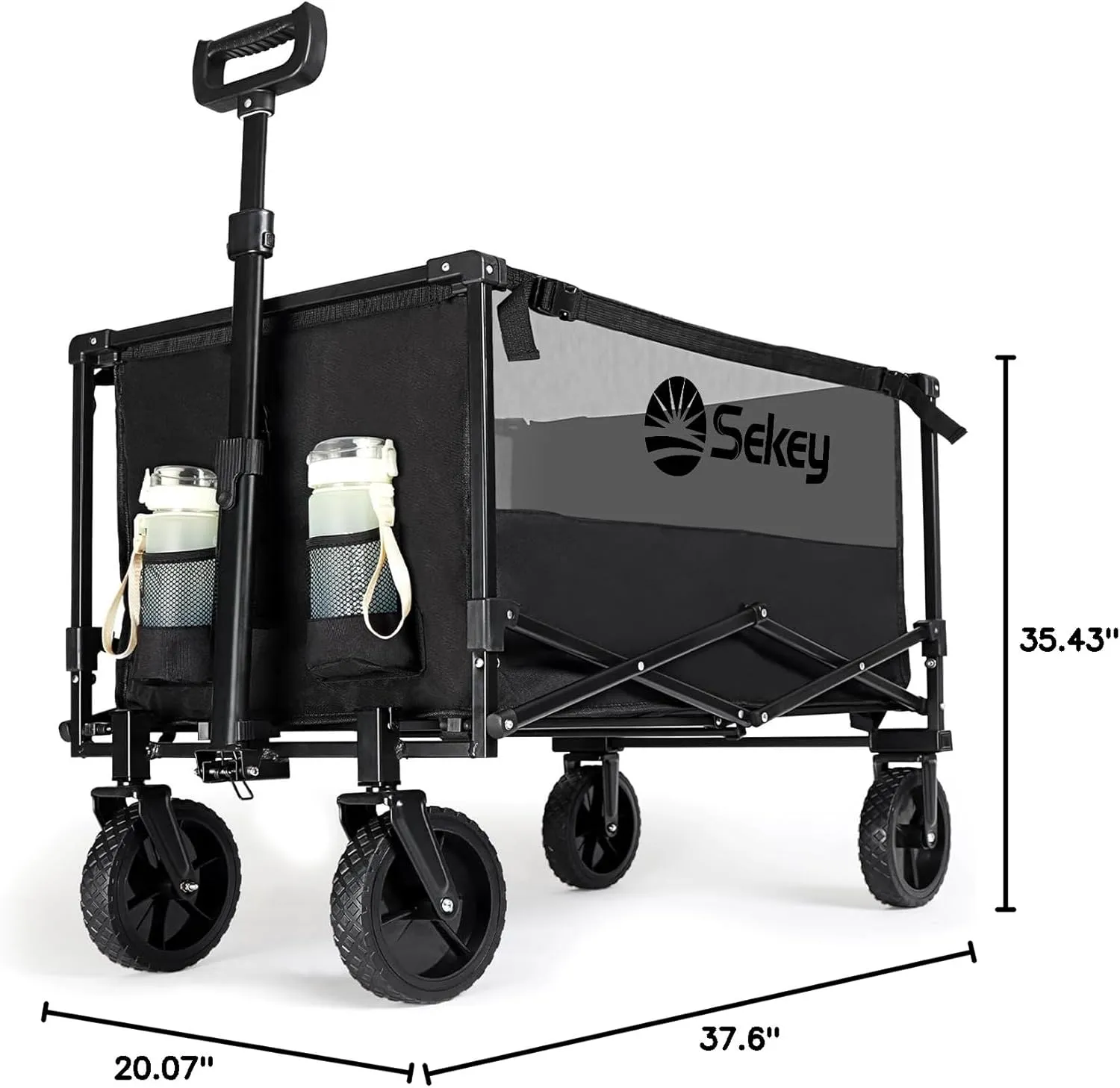 Sekey Collapsible Foldable Wagon with 330lbs Weight Capacity, Heavy Duty Folding Utility Garden Cart with Big All-Terrain Beach Wheels & Drink Holders. Black&Grey