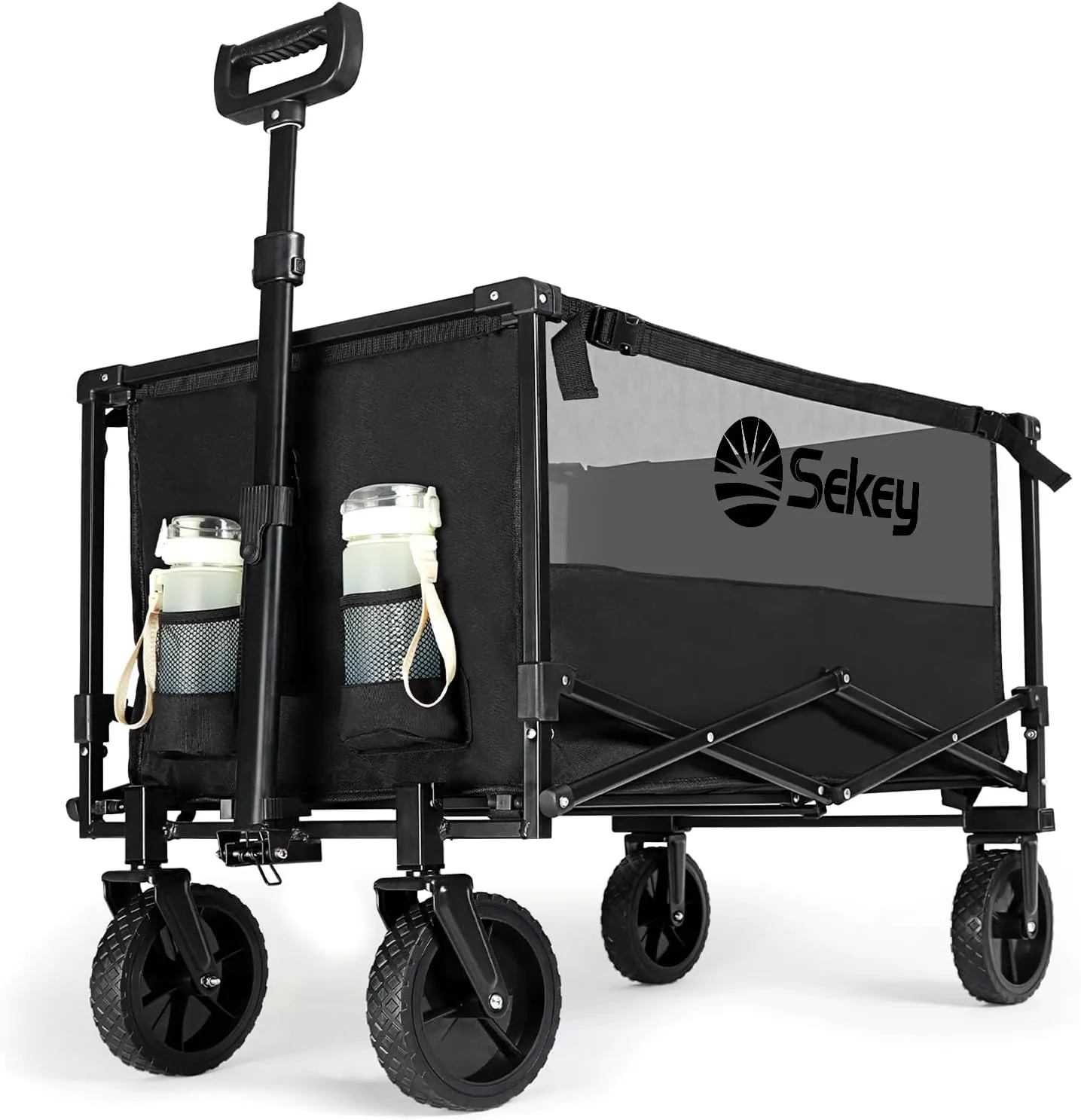 Sekey Collapsible Foldable Wagon with 330lbs Weight Capacity, Heavy Duty Folding Utility Garden Cart with Big All-Terrain Beach Wheels & Drink Holders. Black&Grey