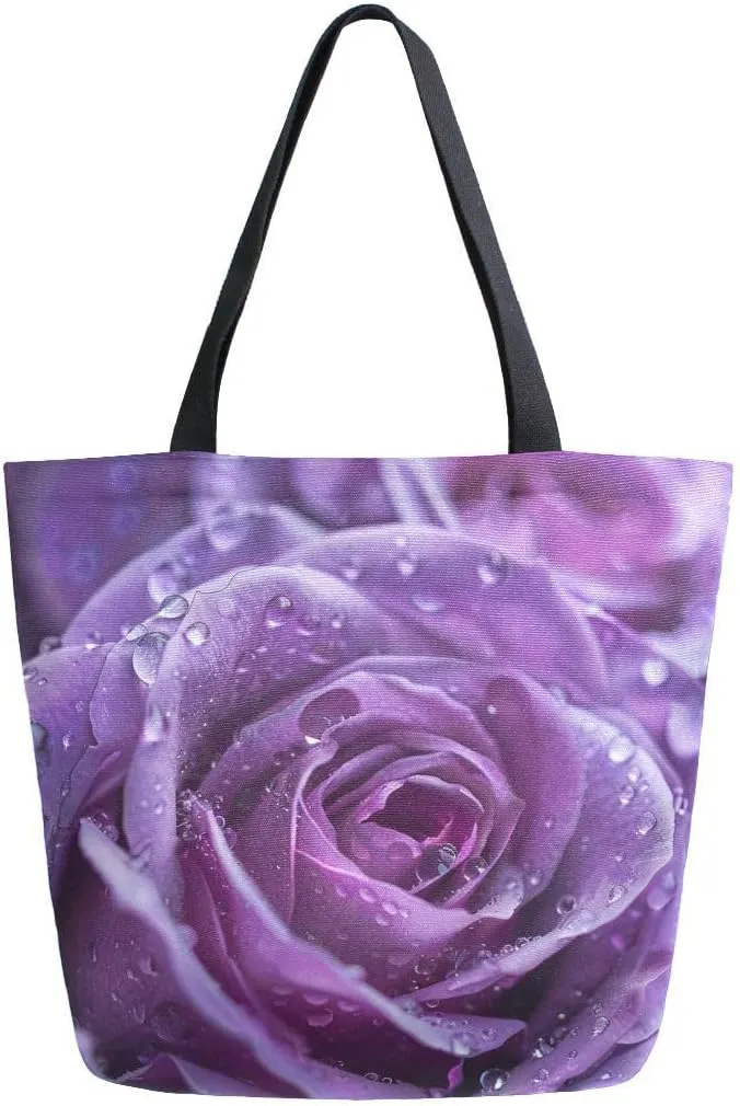 senya Woman Tote Bag Shoulder Handbag Purple Rose Waterdrop for Work Travel Business Beach Shopping