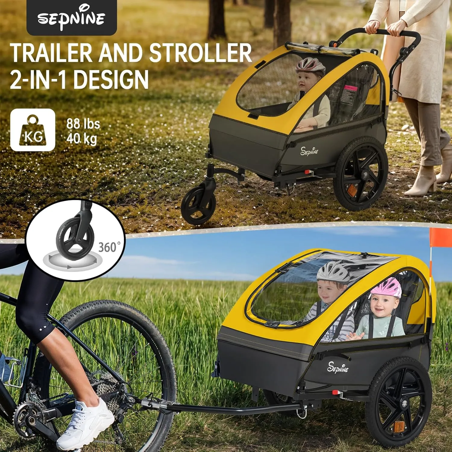 Sepnine Kids Bike Trailer, 2 in 1 Canopy Carrier Converts to Pushcart Suitable for 1 to 2 Kids, 12  Months, Quick Attach to Bike, Foldable, with 5-Point Harness and Storage Bags