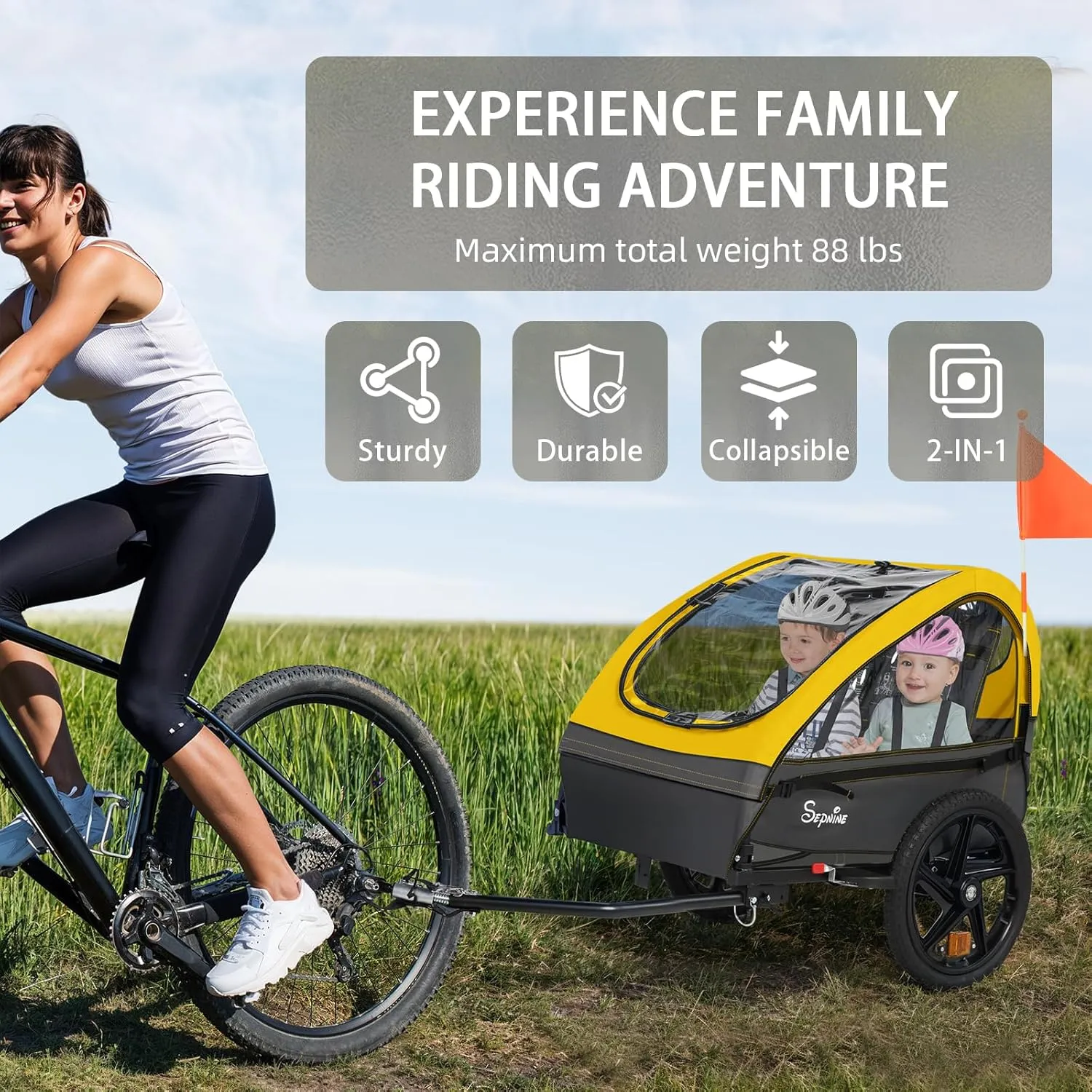 Sepnine Kids Bike Trailer, 2 in 1 Canopy Carrier Converts to Pushcart Suitable for 1 to 2 Kids, 12  Months, Quick Attach to Bike, Foldable, with 5-Point Harness and Storage Bags