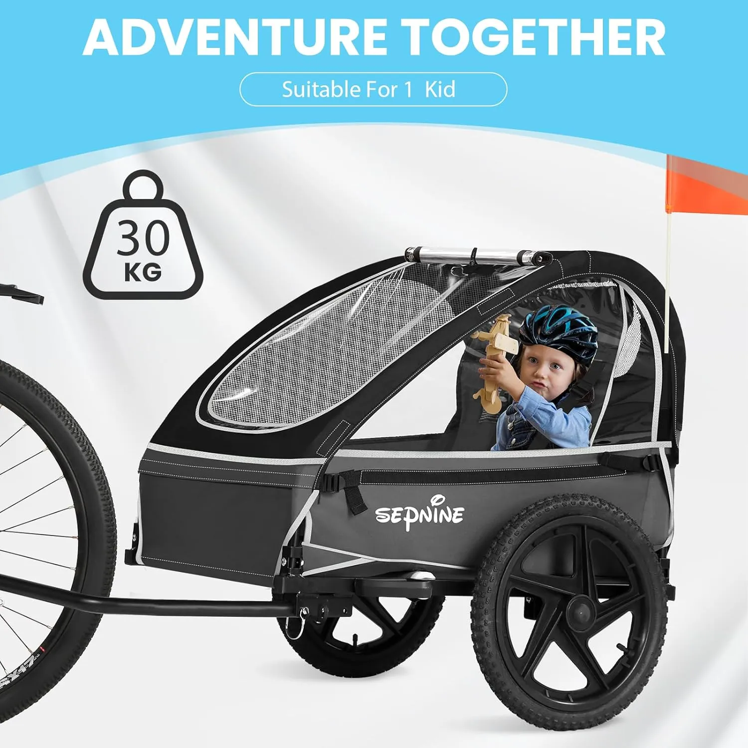 Sepnine Kids Bike Trailer, Suitable for 1 to 2 Kids, 12  Months, Quick Attach to Bike, Foldable, with 5-Point Harness and Storage Bags