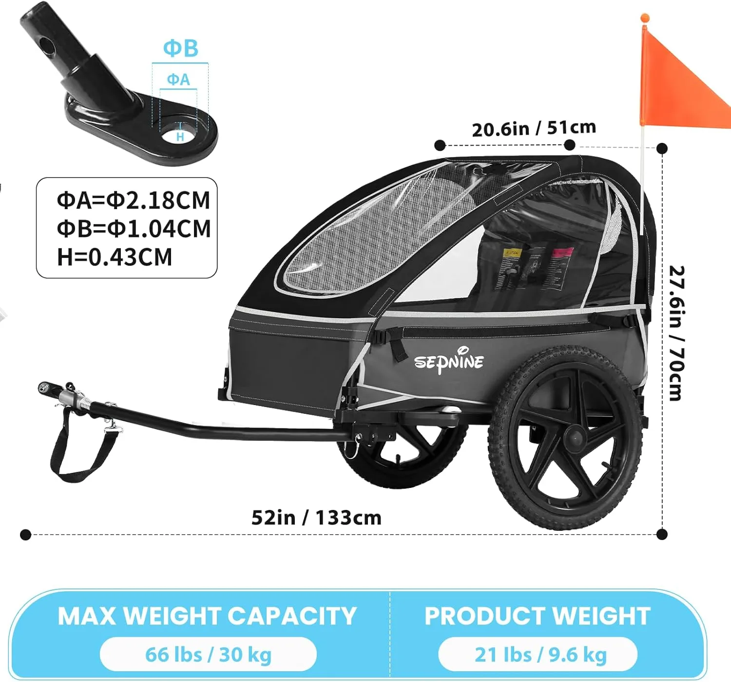 Sepnine Kids Bike Trailer, Suitable for 1 to 2 Kids, 12  Months, Quick Attach to Bike, Foldable, with 5-Point Harness and Storage Bags