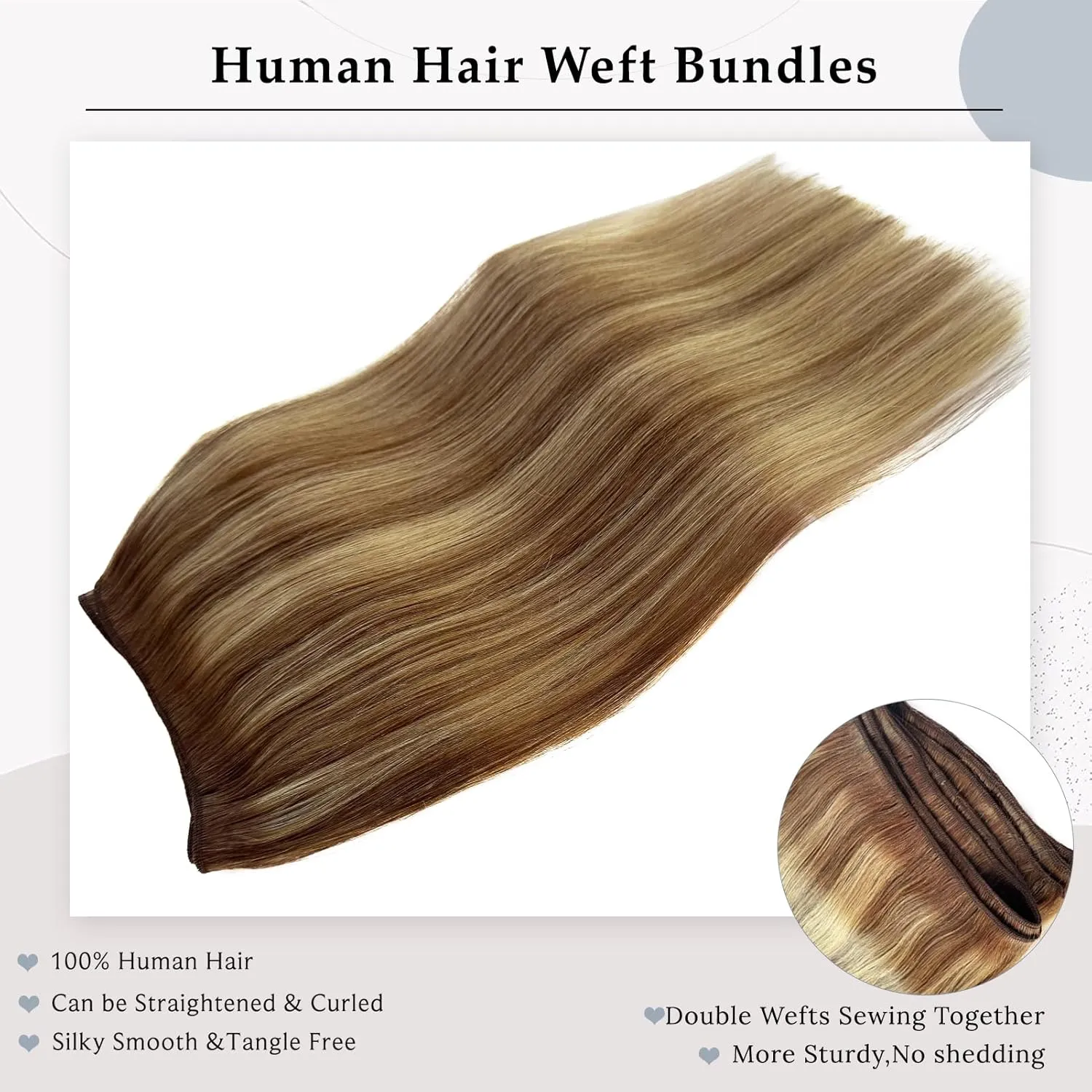Sew in Bundles Hunan Hair Weft Extensions 18 Inch Ombre Brown Balayage Ash Blonde Highlights Hair Extensions Real Human Hair Sew in 100G Hand Tied Weft Human Hair Bundles Weave Extensions for Women