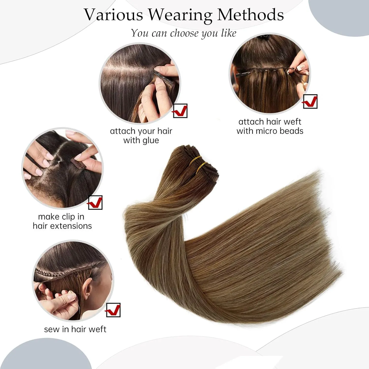 Sew in Bundles Hunan Hair Weft Extensions 18 Inch Ombre Brown Balayage Ash Blonde Highlights Hair Extensions Real Human Hair Sew in 100G Hand Tied Weft Human Hair Bundles Weave Extensions for Women