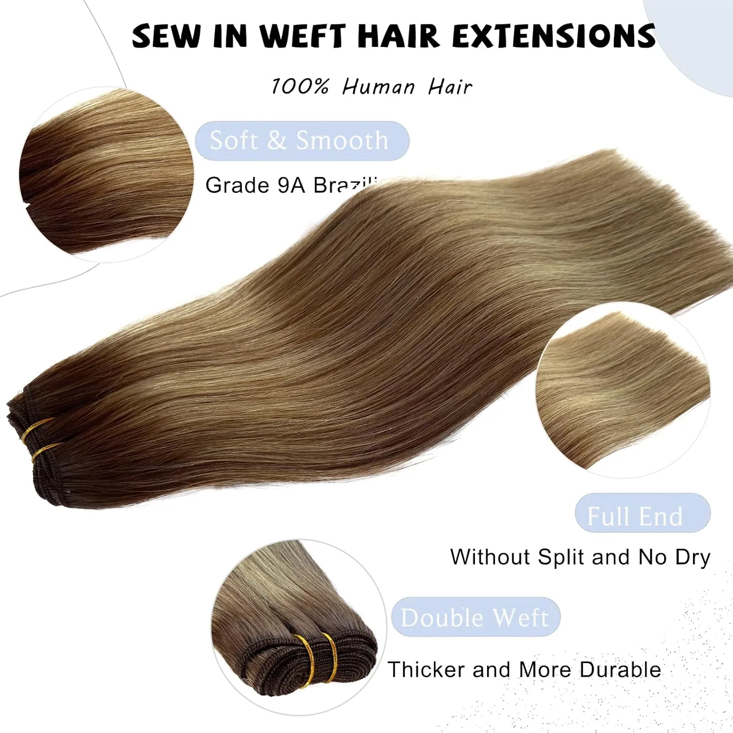 Sew in Bundles Hunan Hair Weft Extensions 18 Inch Ombre Brown Balayage Ash Blonde Highlights Hair Extensions Real Human Hair Sew in 100G Hand Tied Weft Human Hair Bundles Weave Extensions for Women