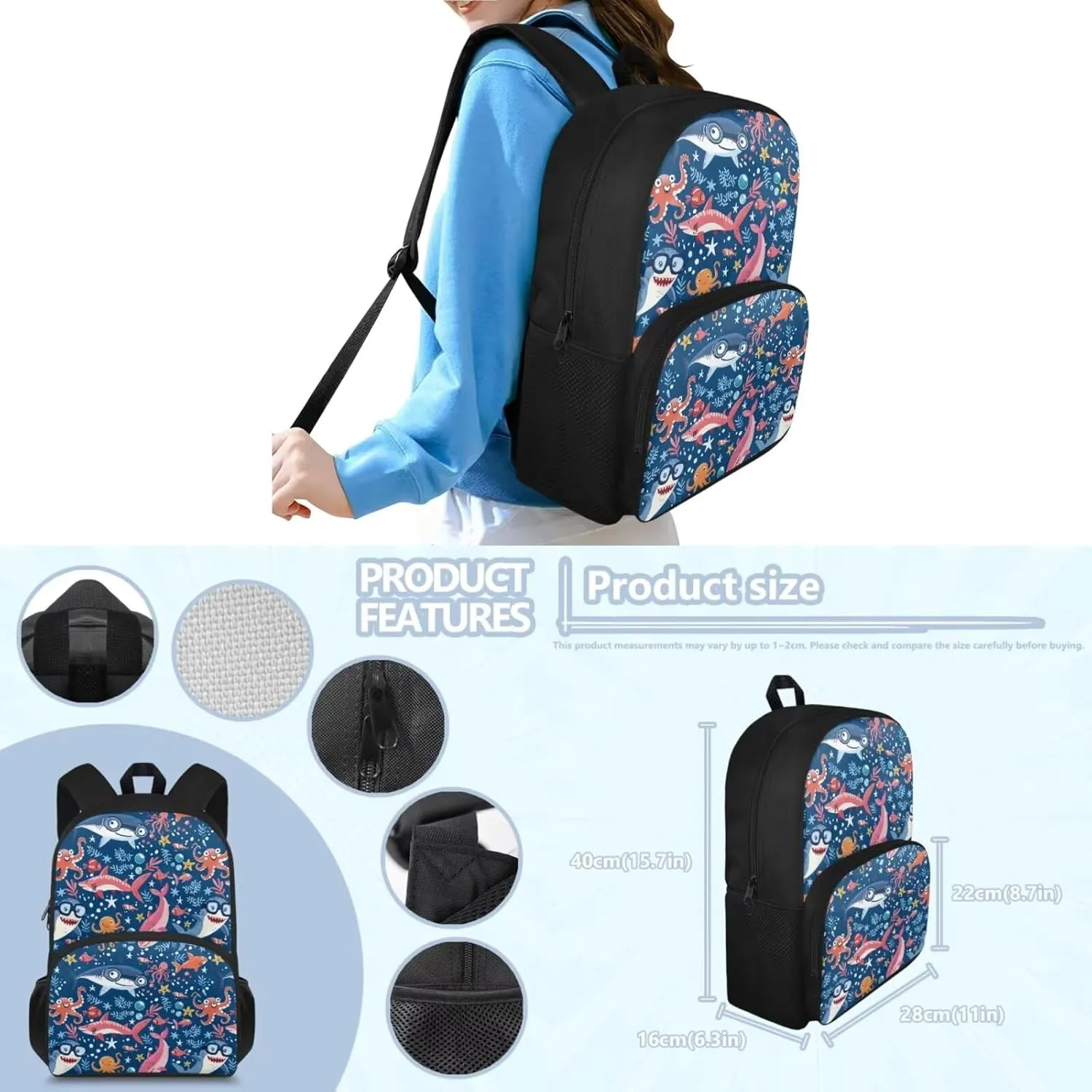Shark Backpack Lunchbox Combo for Boy 3rd Grade Lightweight Large Tote Bag for School Kids Boys Freezable Lunch Bag for School Picnic Ourdoor