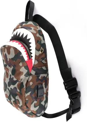 Shark Mouth Fanny Pack - Army Green Camo Crossbody Shoulder Bag, Premium Nylon, Small Sling/Chest Bag, Unisex, Men