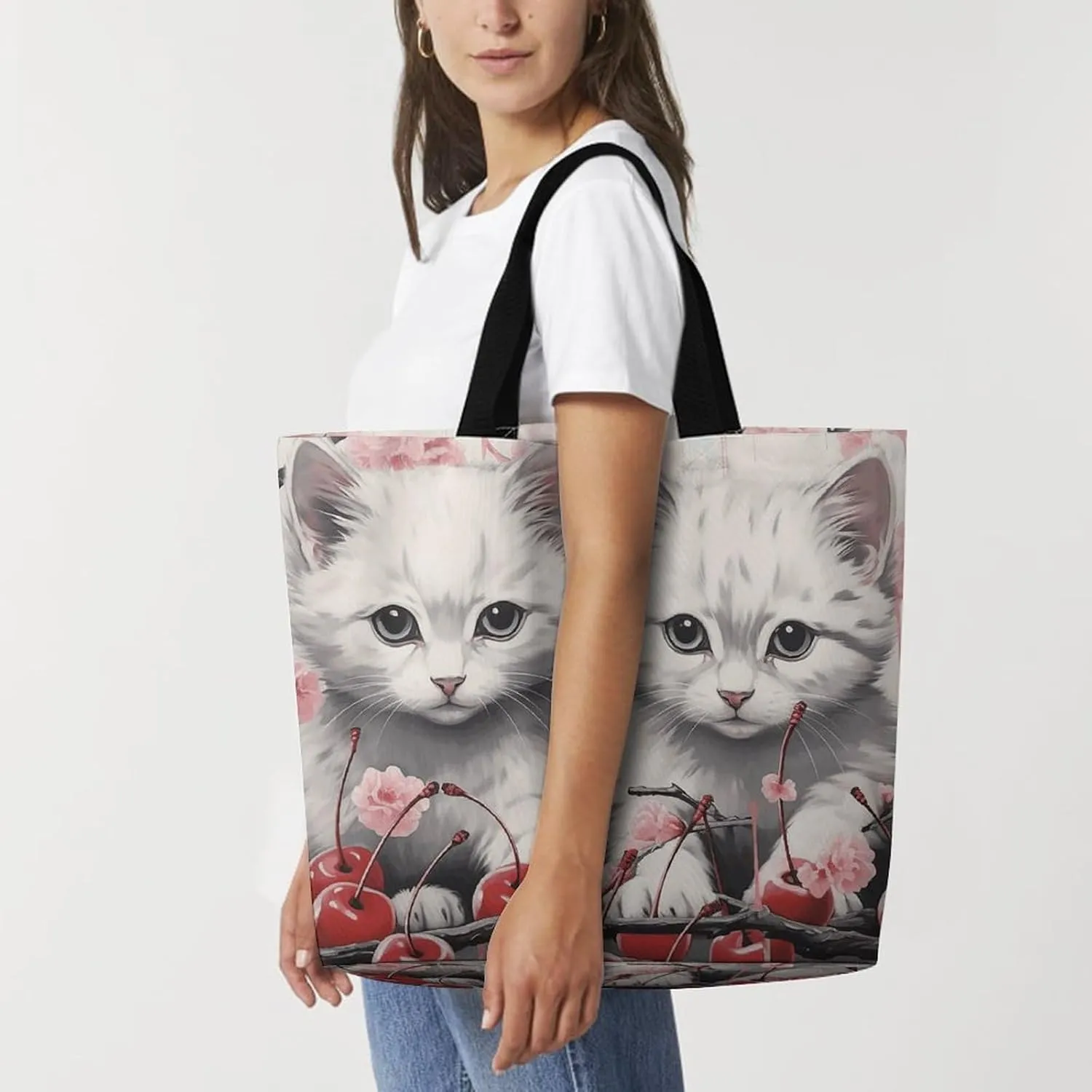 Shopping Bag for Women, Cartoon Fish Print Tote Bag, Large Capacity Shoulder Bags for Groceries Travel