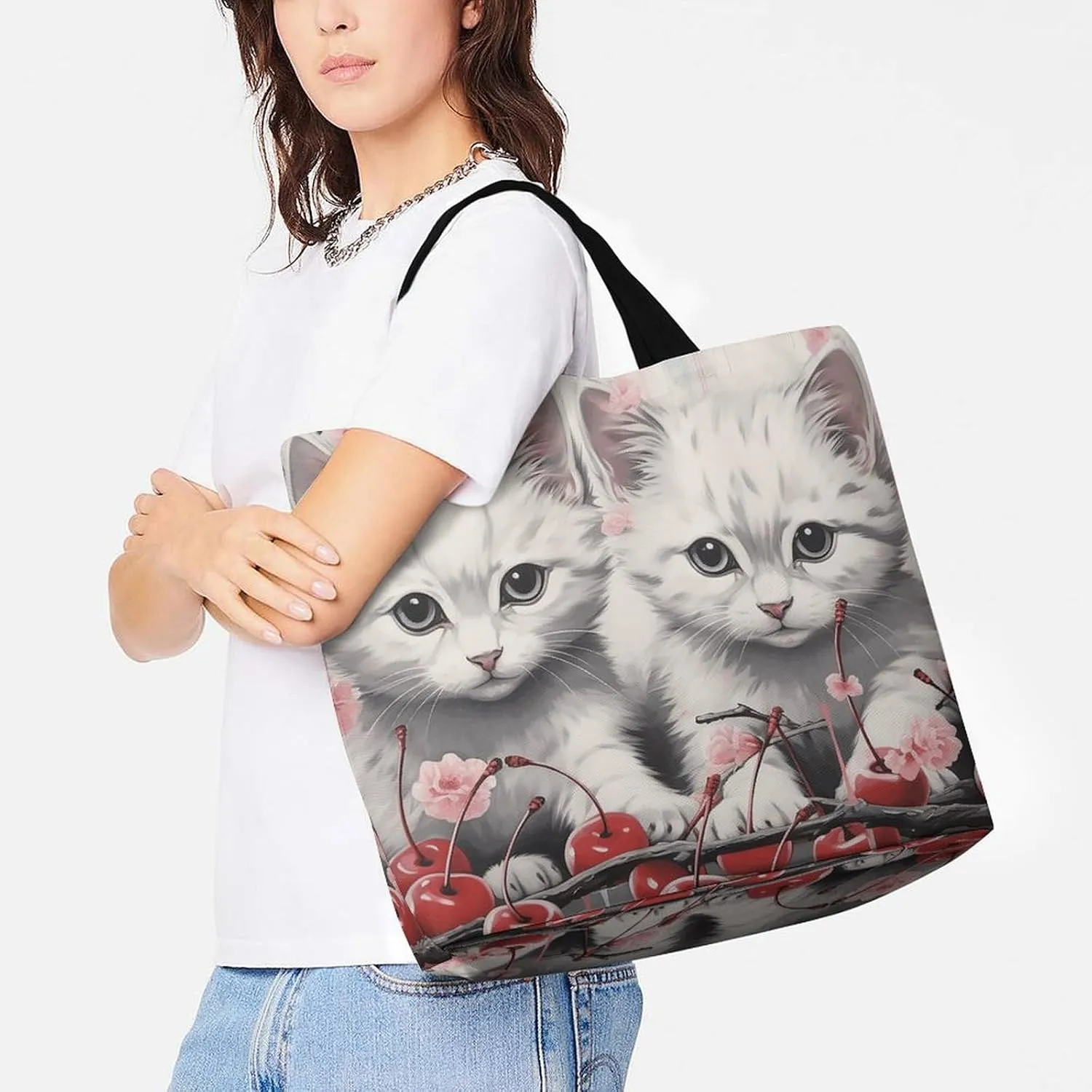 Shopping Bag for Women, Cartoon Fish Print Tote Bag, Large Capacity Shoulder Bags for Groceries Travel