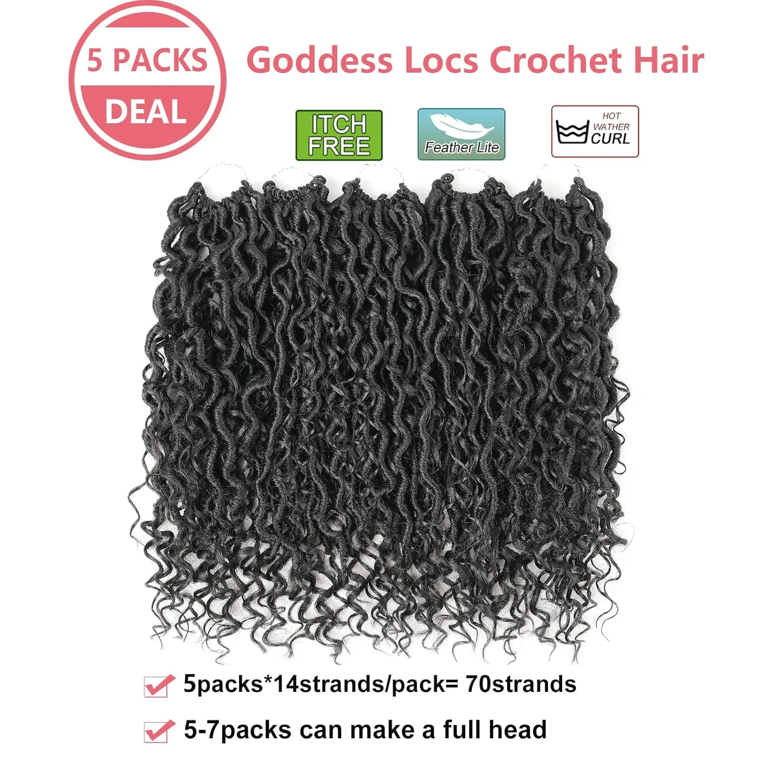 Short Boho Goddess Locs Crochet Hair, 14 Inch 5 Packs Curly Faux Locs Crochet Hair For Black Women, Soft Pre Looped/Prelooped Black Hippie Locs Crotchet Hair With Curly Ends(14”,1B#)