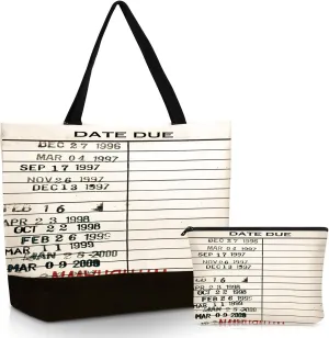 Sieral 2 Pcs Librarian Gifts for Women Library Due Date Canvas Tote Bag for Book Lovers Gifts Library Card Toiletry Vintage Tote Splicing Bag for Book Lovers Women