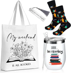 Sieral Sets of 4 Book Lovers Gifts for Women 2025 Graduation Gift Includes Novelty Socks 12 oz Stainless Steel Wine Tumbler with Lid Library Canvas Tote Bag Bookmark Tassel for Reader Teacher(Reading)