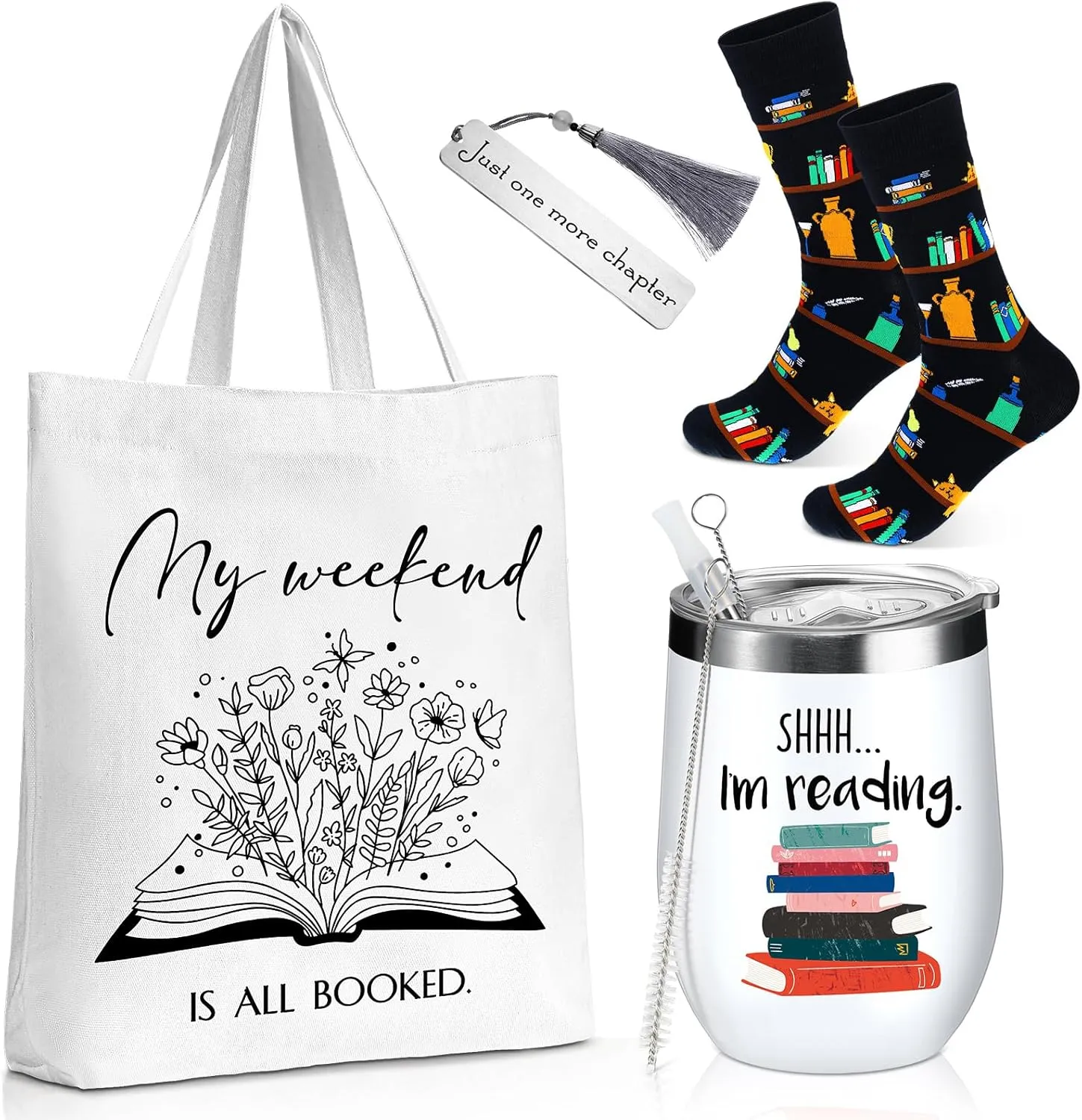Sieral Sets of 4 Book Lovers Gifts for Women 2025 Graduation Gift Includes Novelty Socks 12 oz Stainless Steel Wine Tumbler with Lid Library Canvas Tote Bag Bookmark Tassel for Reader Teacher(Reading)