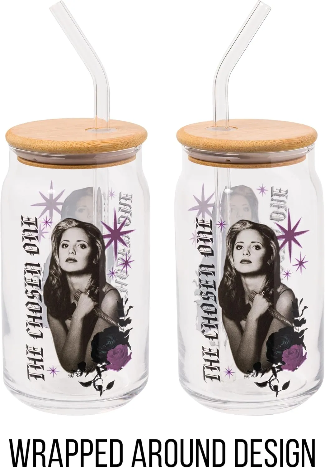 Silver Buffalo Buffy the Vampire Slayer The Chosen One Glass Jar Tumbler with Bamboo Lid and Glass Straw, 16 Ounces