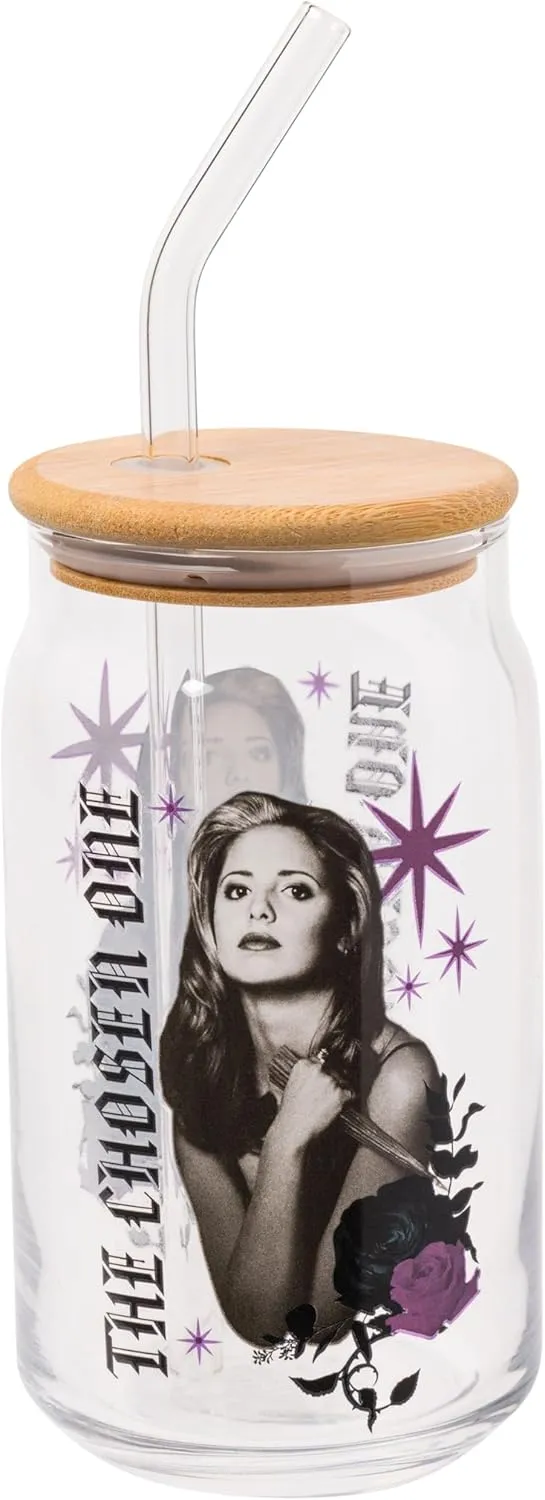 Silver Buffalo Buffy the Vampire Slayer The Chosen One Glass Jar Tumbler with Bamboo Lid and Glass Straw, 16 Ounces