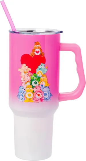 Silver Buffalo Care Bears Watercolor Heart Ombre Stainless Steel Tumbler with Handle and Straw, Fits in Standard Cup Holder, 40 Ounces