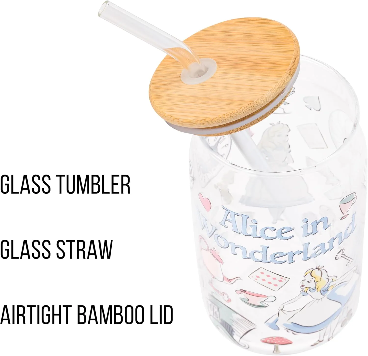 Silver Buffalo Disney Alice in Wonderland Glass Jar Tumbler with Bamboo Lid and Glass Straw, 16 Ounces