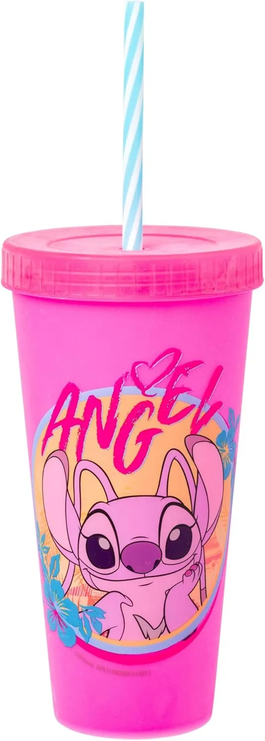 Silver Buffalo Disney Lilo and Stitch Tropical Character Poses 4 Pack Color Changing Plastic Tumbler with Lid and Reusable Straw, 24 Ounce