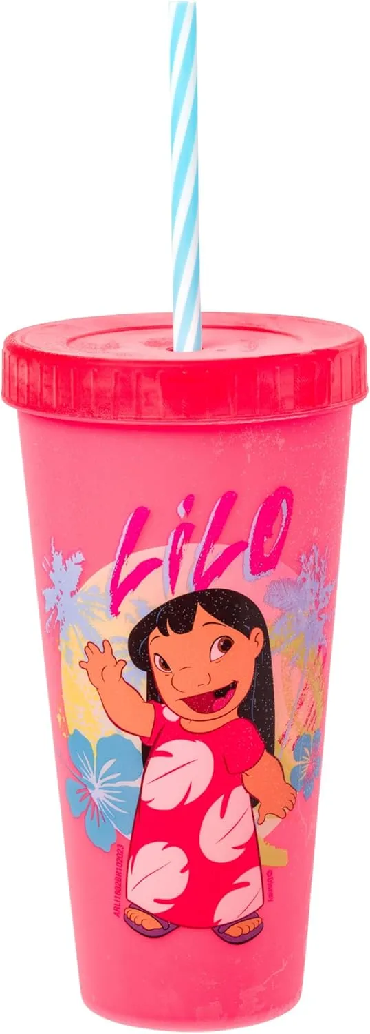 Silver Buffalo Disney Lilo and Stitch Tropical Character Poses 4 Pack Color Changing Plastic Tumbler with Lid and Reusable Straw, 24 Ounce