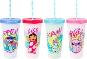 Silver Buffalo Disney Lilo and Stitch Tropical Character Poses 4 Pack Color Changing Plastic Tumbler with Lid and Reusable Straw, 24 Ounce