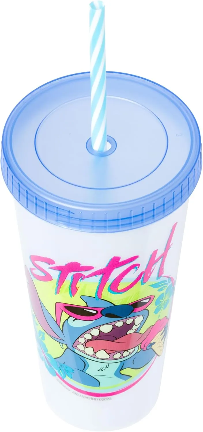 Silver Buffalo Disney Lilo and Stitch Tropical Character Poses 4 Pack Color Changing Plastic Tumbler with Lid and Reusable Straw, 24 Ounce