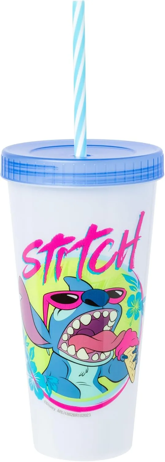 Silver Buffalo Disney Lilo and Stitch Tropical Character Poses 4 Pack Color Changing Plastic Tumbler with Lid and Reusable Straw, 24 Ounce