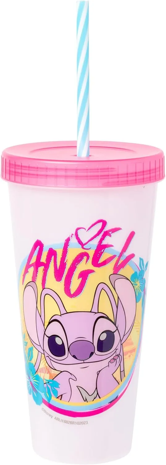 Silver Buffalo Disney Lilo and Stitch Tropical Character Poses 4 Pack Color Changing Plastic Tumbler with Lid and Reusable Straw, 24 Ounce