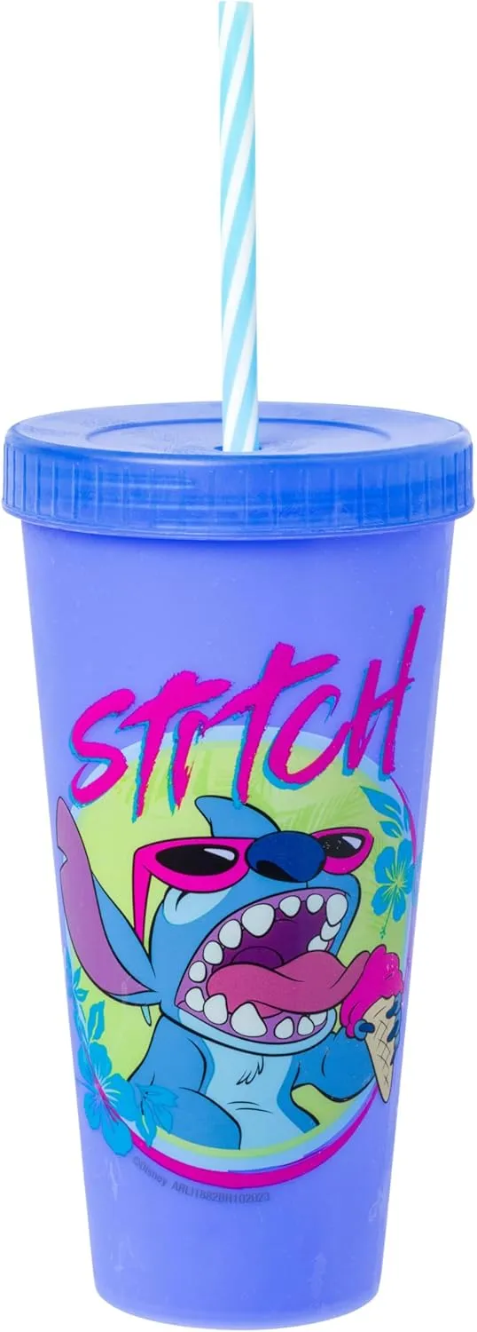 Silver Buffalo Disney Lilo and Stitch Tropical Character Poses 4 Pack Color Changing Plastic Tumbler with Lid and Reusable Straw, 24 Ounce