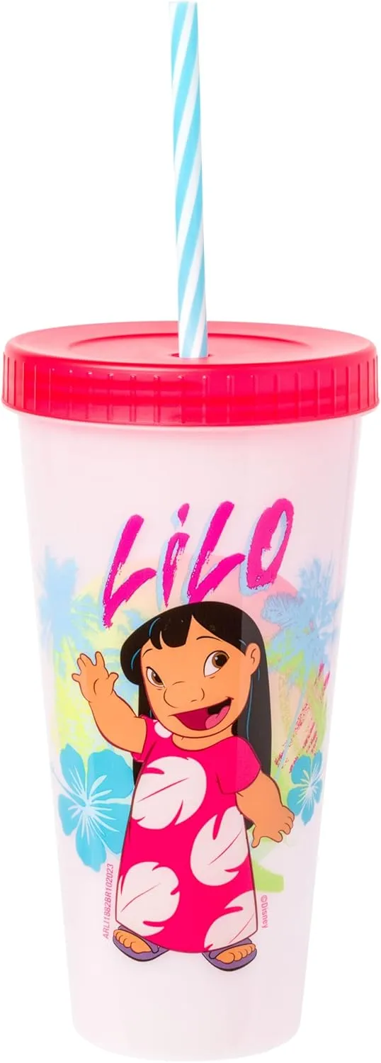 Silver Buffalo Disney Lilo and Stitch Tropical Character Poses 4 Pack Color Changing Plastic Tumbler with Lid and Reusable Straw, 24 Ounce