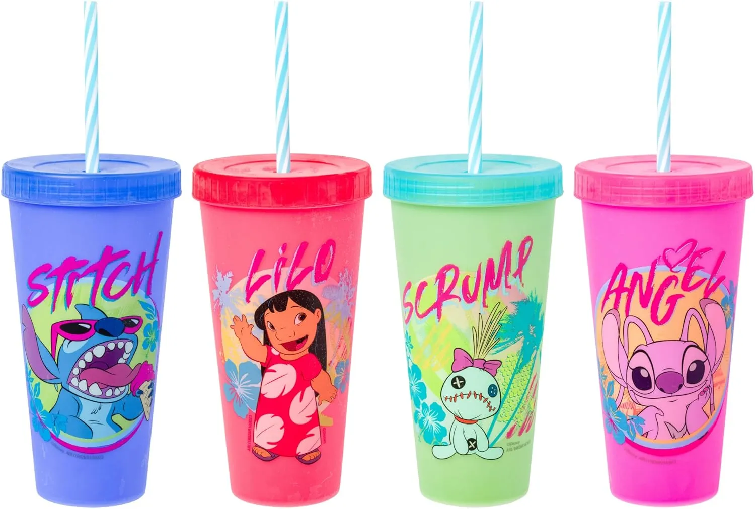 Silver Buffalo Disney Lilo and Stitch Tropical Character Poses 4 Pack Color Changing Plastic Tumbler with Lid and Reusable Straw, 24 Ounce
