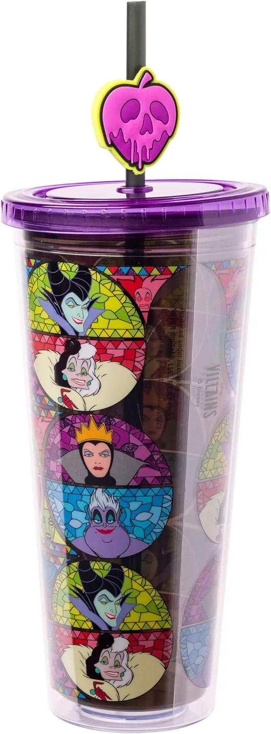 Silver Buffalo Disney Villains Featuring Cruella de Vil, Maleficent, Ursula, and the Evil Queen Glitter Plastic Cold Cup with Lid and Straw Topper, 24 Ounces