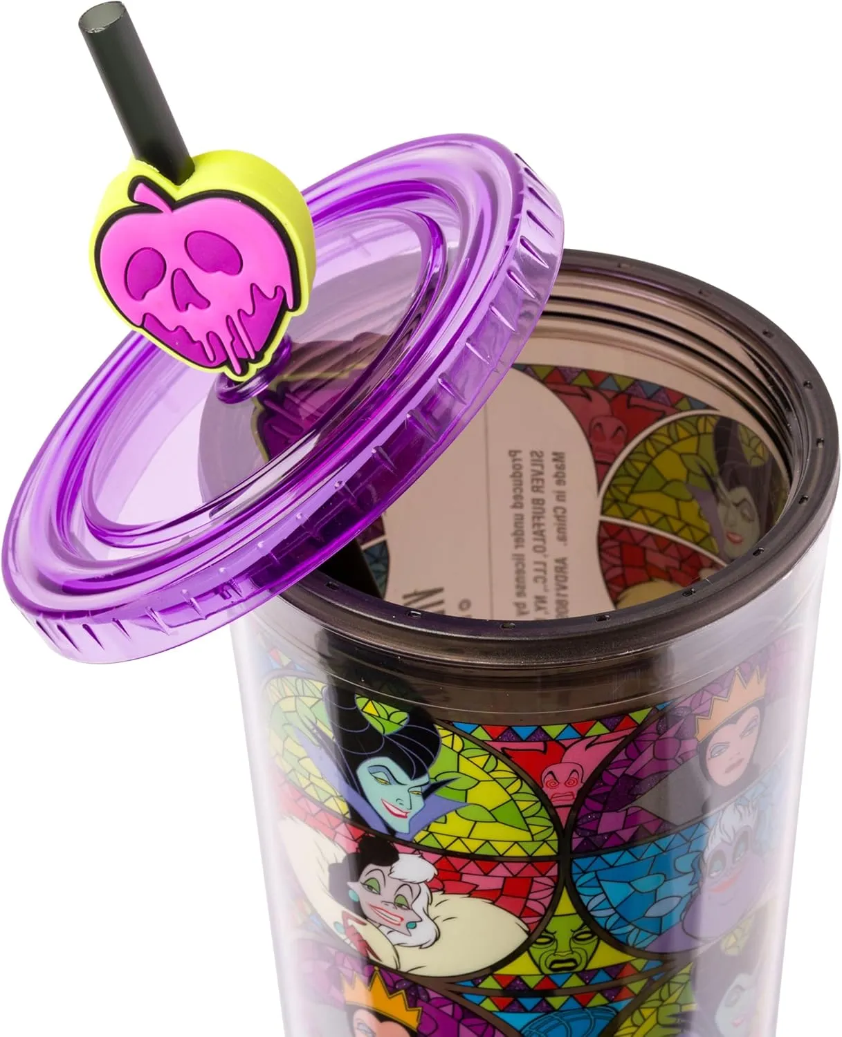 Silver Buffalo Disney Villains Featuring Cruella de Vil, Maleficent, Ursula, and the Evil Queen Glitter Plastic Cold Cup with Lid and Straw Topper, 24 Ounces