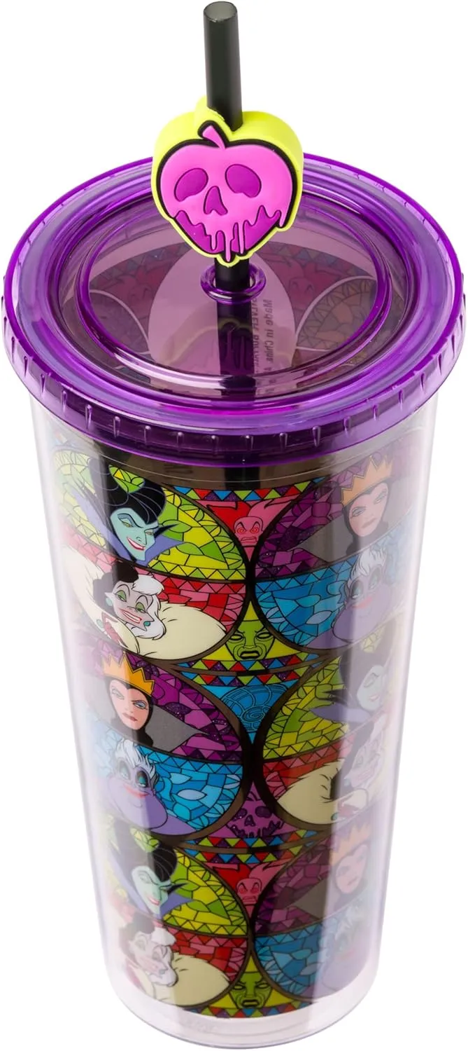 Silver Buffalo Disney Villains Featuring Cruella de Vil, Maleficent, Ursula, and the Evil Queen Glitter Plastic Cold Cup with Lid and Straw Topper, 24 Ounces